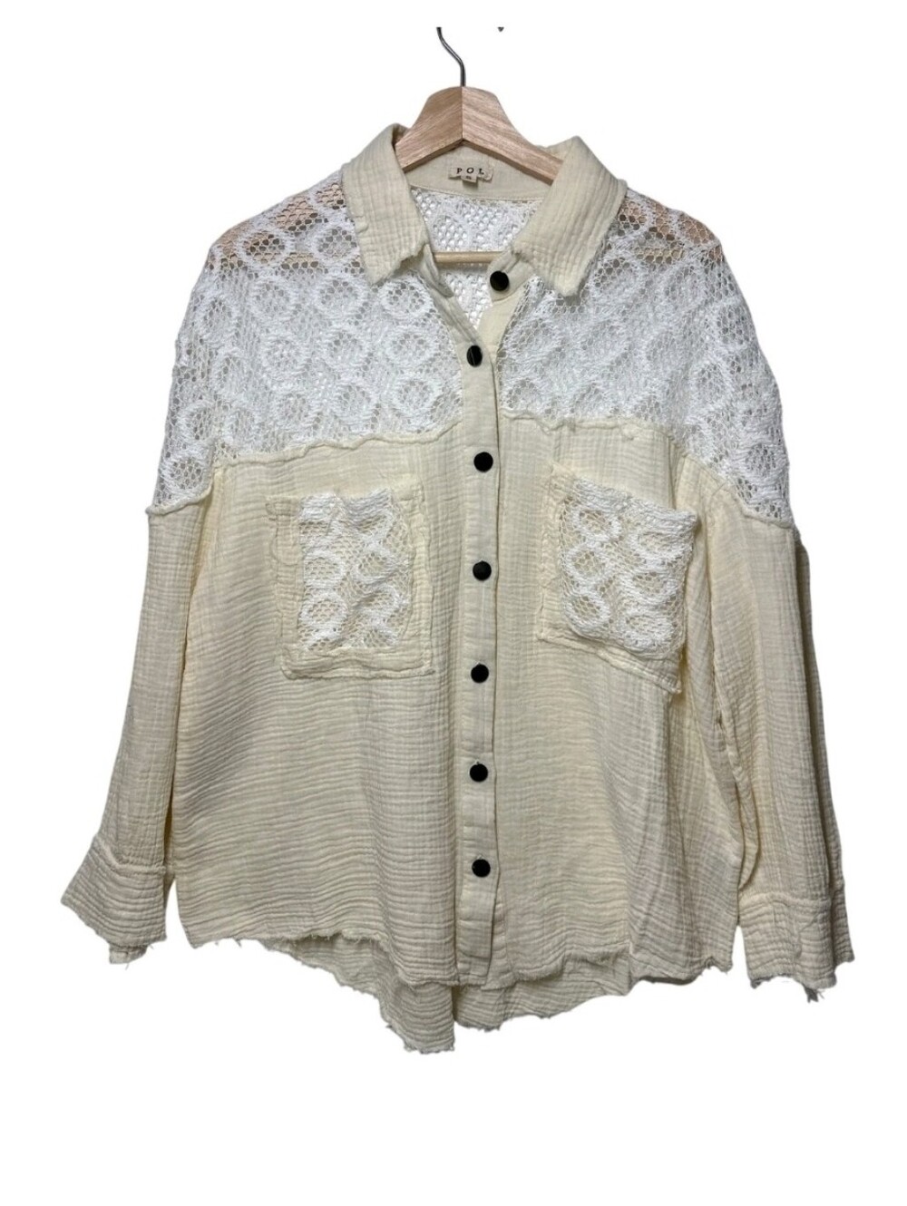 POL Oversized Contrast Open Panel Shirt Shacket Gauze Lace Long Sleeve Boho Sz S